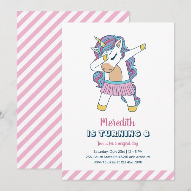 Cute Unicorn Dabbing Kids Girls Birthday Invitation (Front/Back)