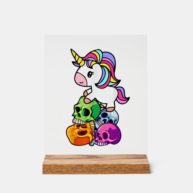 Cute Unicorn & Dead Skulls. Funny Goth Emo Hallowe Acrylic Sign (Front)
