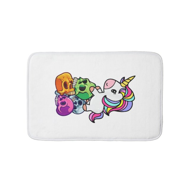 Cute Unicorn & Dead Skulls. Funny Goth Emo Hallowe Bath Mat (Front)