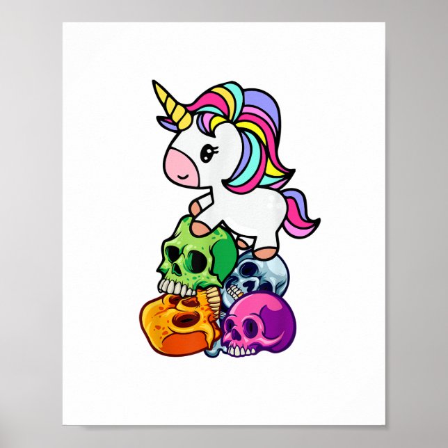 Cute Unicorn & Dead Skulls. Funny Goth Emo Hallowe Poster (Front)