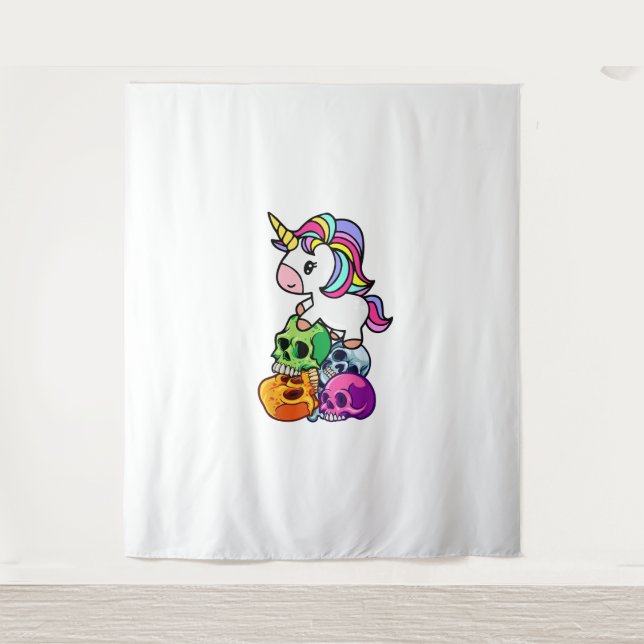 Cute Unicorn & Dead Skulls. Funny Goth Emo Hallowe Tapestry (Front)