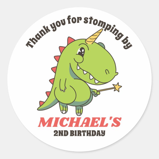 Cute Unicorn Dinosaur Fairy Kids Birthday Party Classic Round Sticker (Front)