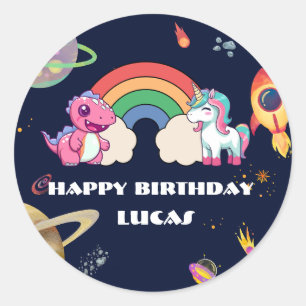 Cute Unicorn Dinosaur Galaxy Rocket birthday party Classic Round Sticker
