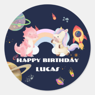 Cute Unicorn Dinosaur Galaxy Rocket birthday party Classic Round Sticker