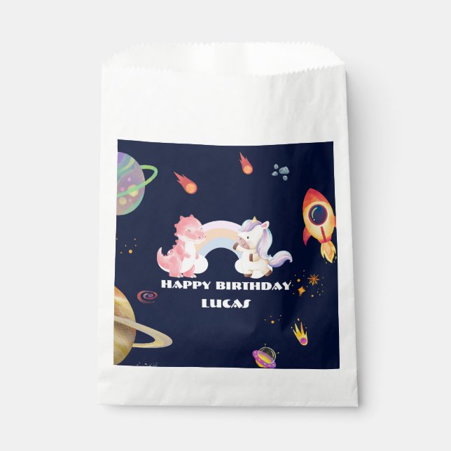 Cute Unicorn Dinosaur Galaxy Rocket birthday party Favour Bag (Front)