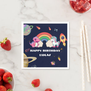 Cute Unicorn Dinosaur Galaxy Rocket birthday party Napkin