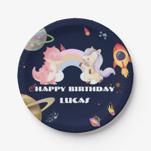 Cute Unicorn Dinosaur Galaxy Rocket birthday party Paper Plate