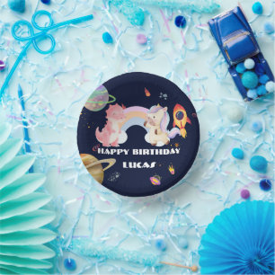 Cute Unicorn Dinosaur Galaxy Rocket birthday party Paper Plate