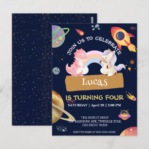 Cute Unicorn Dinosaur Galaxy Rocket birthday party Postcard