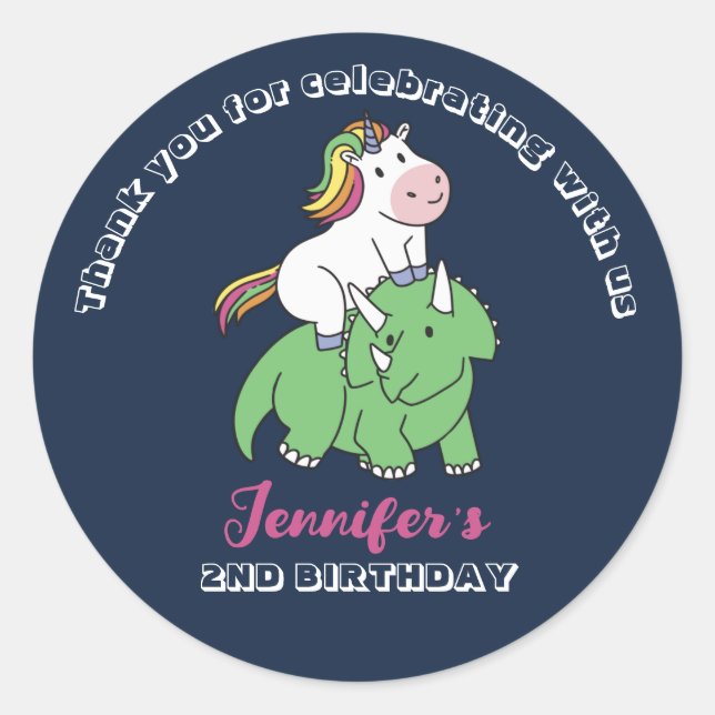 Cute Unicorn Dinosaur Kids Birthday Party Favour Classic Round Sticker (Front)
