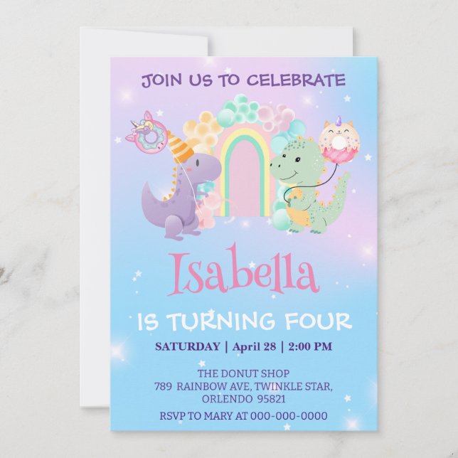 Cute Unicorn Dinosaur Rainbow Doughnut Birthday ki Invitation (Front)