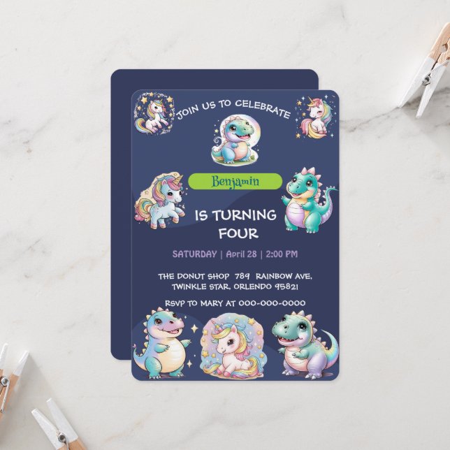 Cute unicorn Dinosaur rainbow friend Birthday kids Invitation (Front/Back In Situ)