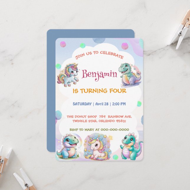 Cute unicorn Dinosaur rainbow friends Birthday par Invitation (Front/Back In Situ)