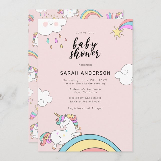Cute Unicorn Doodle Baby Shower Invitation (Front/Back)