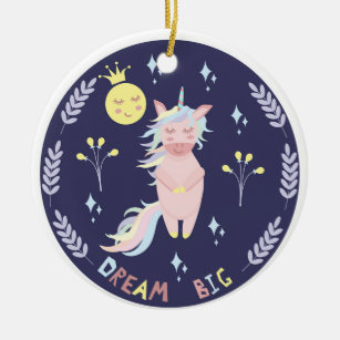 Cute unicorn dream big navy blue ceramic ornament
