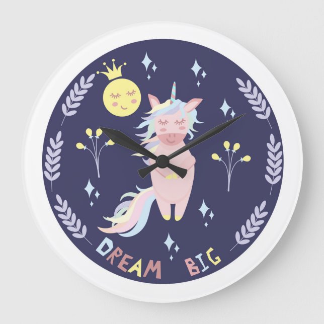 Cute unicorn dream big navy blue large clock (Front)