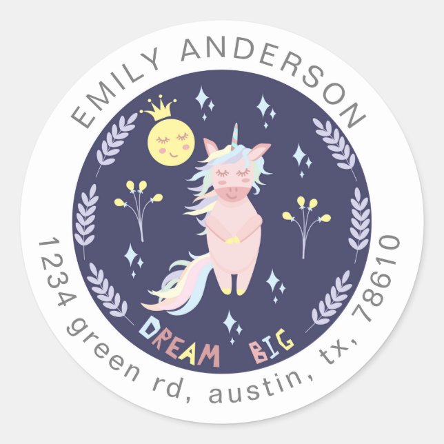 Cute unicorn dream big navy blue return address classic round sticker (Front)