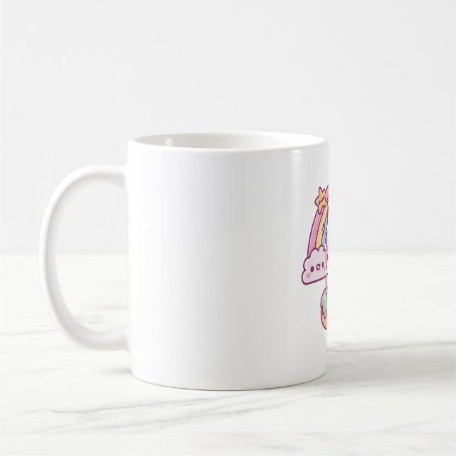 Cute Unicorn Drinking Bubble Tea, Rainbow And Clou Coffee Mug (Left)