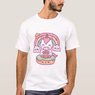 Cute Unicorn Drinking Bubble Tea, Rainbow And Clou T-Shirt