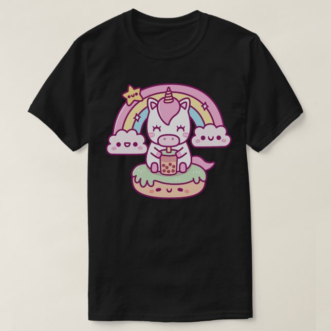 Cute Unicorn Drinking Bubble Tea Rainbow And Cloud T-Shirt (Design Front)
