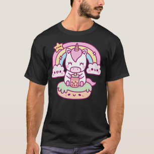 Cute Unicorn Drinking Bubble Tea Rainbow And Cloud T-Shirt