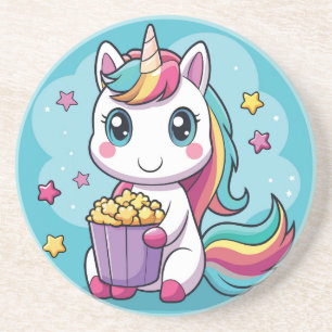 Cute unicorn eating popcorn coaster
