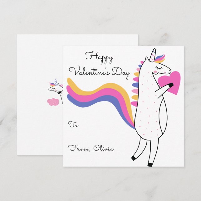 Cute Unicorn Editable Colour Kids Valentines Day Card (Front/Back)