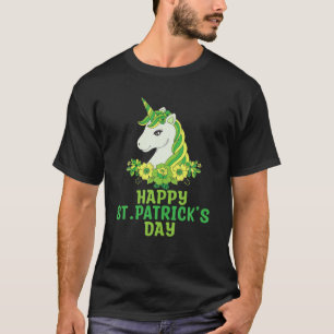 Cute Unicorn Face And Flowers St Patricks Days Gir T-Shirt