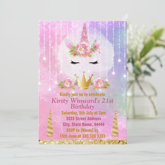 Cute Unicorn Face Pink Flowers Birthday Party Invitation (Standing Front)