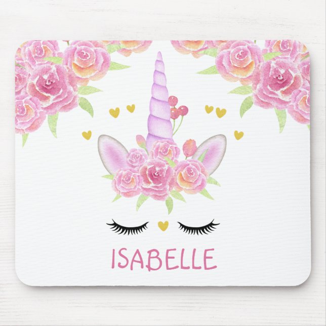 Cute Unicorn Face Pink Flowers Gold Hearts  Mouse  Mouse Pad (Front)