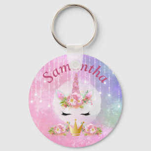 Cute Unicorn Face Pink Flowers Key Ring