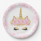 Cute Unicorn Face Pink Gold Paper Plates