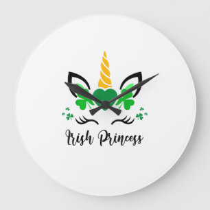 Cute Unicorn Face Shamrock Irish Princess St Patri Large Clock