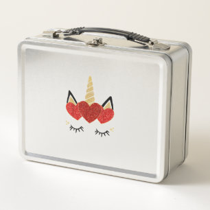 Cute Unicorn Face Valentine's Day Heart for Women Metal Lunch Box