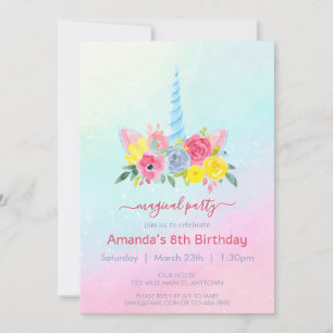  Cute unicorn face with florals girl birthday  Invitation