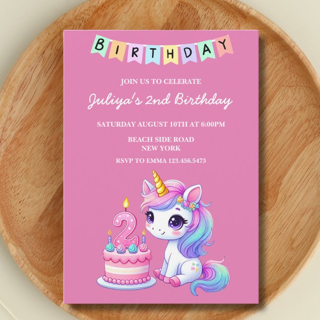 Cute unicorn family photo pink 2nd birthday  party invitation (Creator Uploaded)