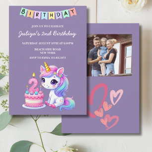 Cute unicorn family photo purple 2nd birthday  invitation