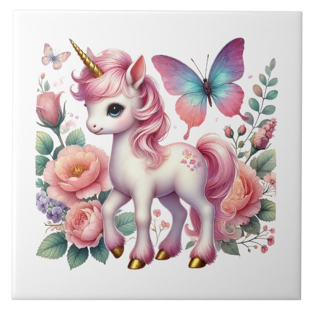 Cute unicorn fantasy girls room crafting  ceramic tile (Front)