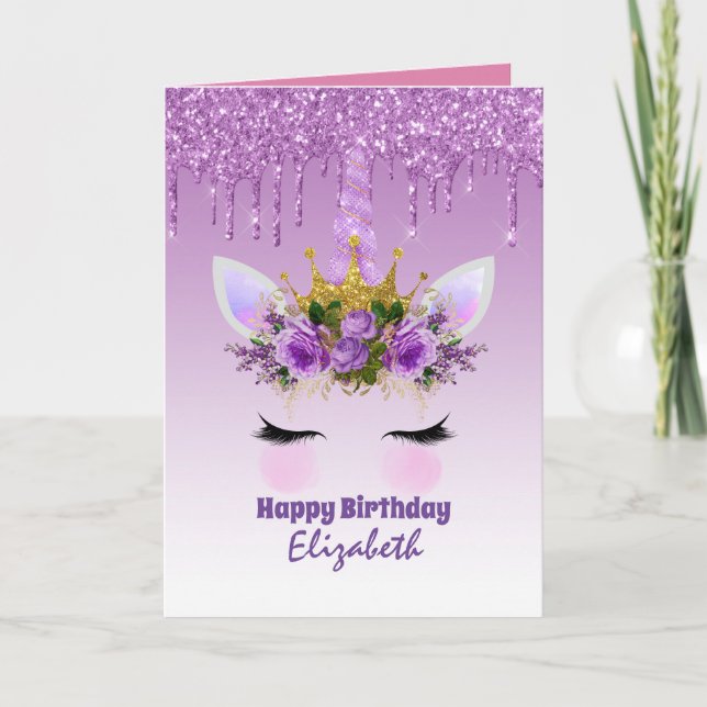 Cute Unicorn Fantasy Pretty Girly Design Purple Card (Front)