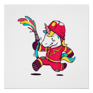 Cute Unicorn Firefighter Cartoon Rainbow T-Shirt Poster