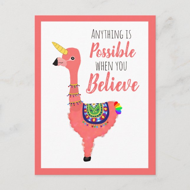 Cute Unicorn Flamingo Llama Inspirational Quote Postcard (Front)