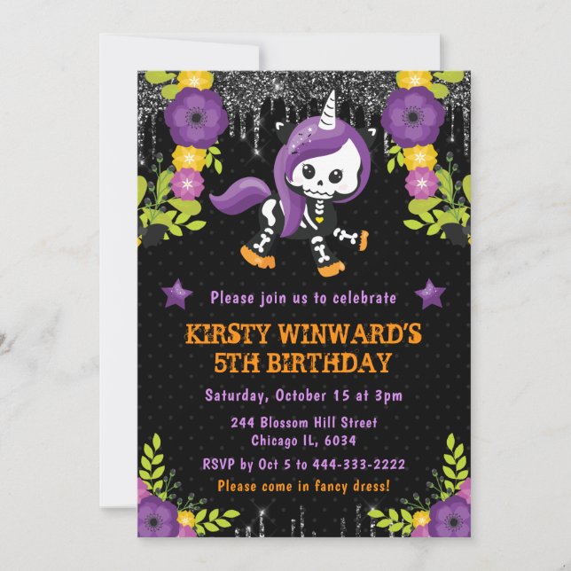 Cute Unicorn Floral Halloween Birthday Invitation (Front)