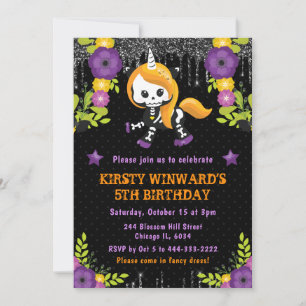Cute Unicorn Floral Halloween Birthday Invitation