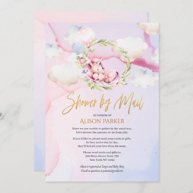 Cute Unicorn Floral Pink Sky Baby Shower by Mail Invitation (Front/Back)