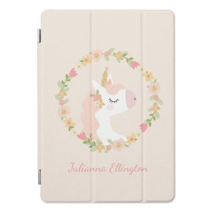 Cute Unicorn Floral Wreath Blush Pink Custom Name iPad Pro Cover