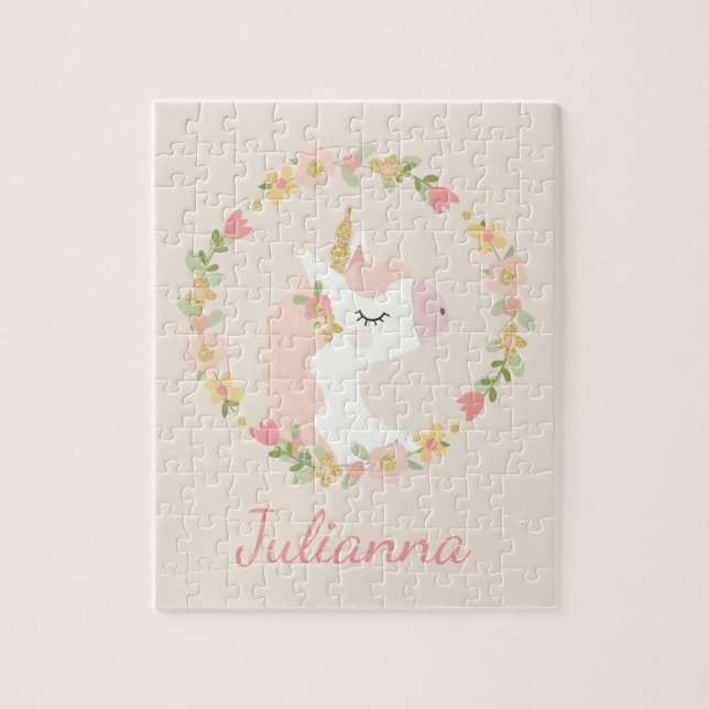 Cute Unicorn Floral Wreath Blush Pink Custom Name Jigsaw Puzzle (Vertical)