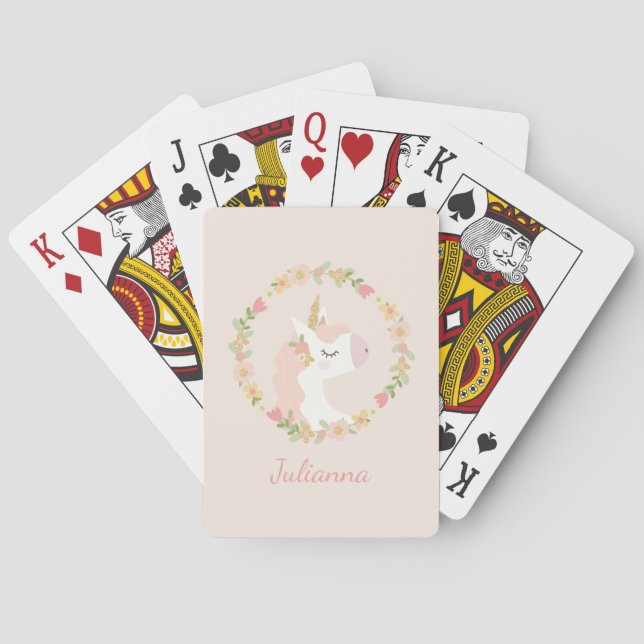 Cute Unicorn Floral Wreath Blush Pink Custom Name Playing Cards (Back)