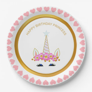 Cute Unicorn, Flowers and Gold Dots Paper Plate