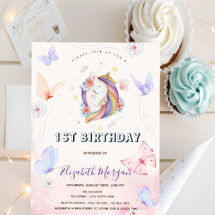 Cute Unicorn Flowers Butterflies Striped Birthday Invitation