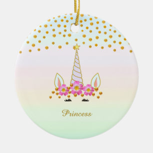 Cute Unicorn, Flowers & Gold Confetti Ceramic Ornament